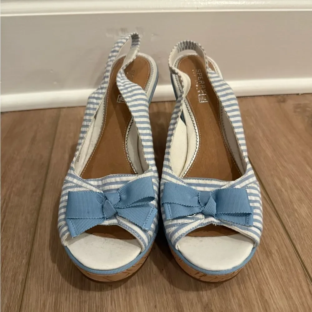 Sperry Blue and White Nautical Wedge Sandals with bows